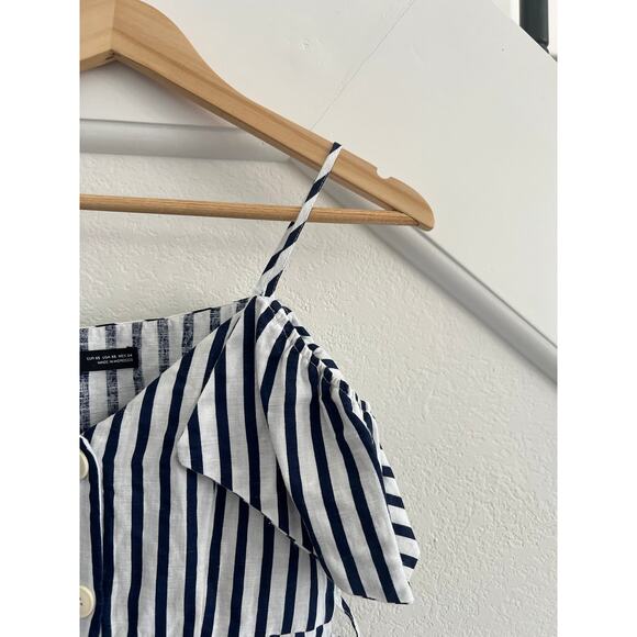 Zara Blue White Striped Cold Shoulder Button Up Linen Blend Sundress Womens XS - Picture 6 of 16